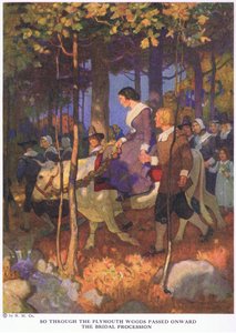それで、プリマスの森を通り抜けて、ブライダル行列が進みました。 作： Newell Convers Wyeth